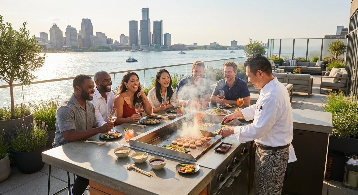A diverse group sharing a chef-led meal in Detroit