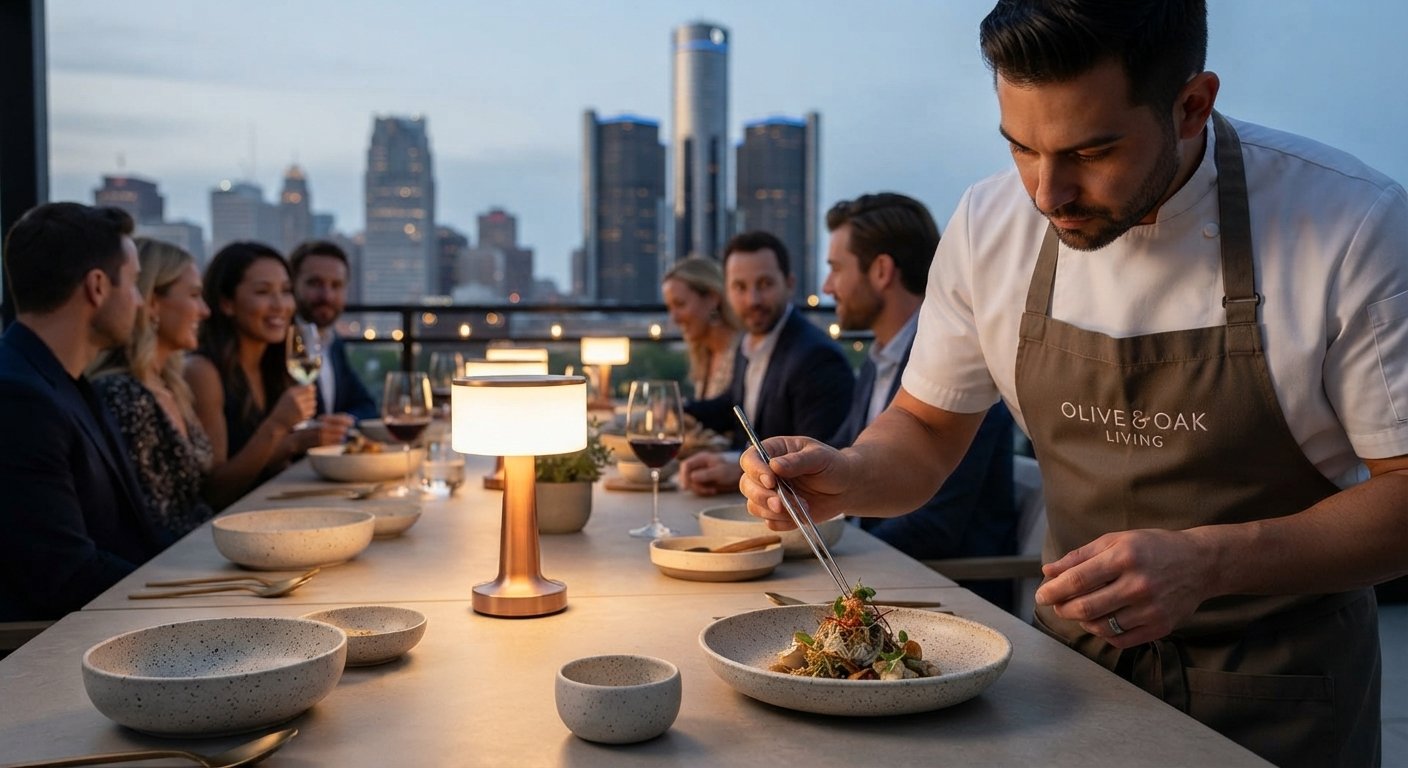 Chef serving guests at an intimate dinner