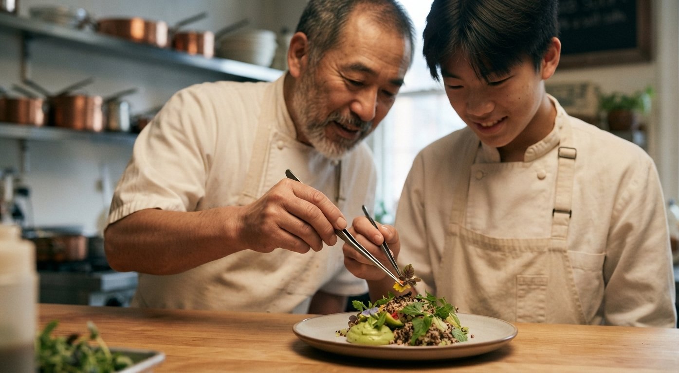 Chef mentoring a young culinary learner