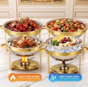 4 Pack 6QT Round Gold Stainless Steel Chafing Dish Set