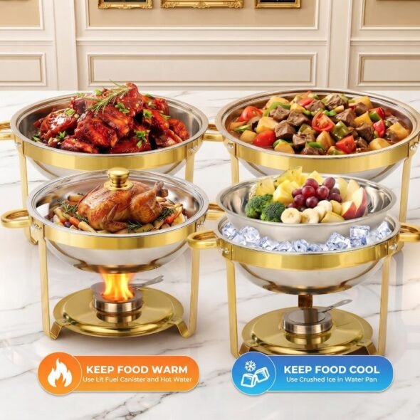 4 Pack 6QT Round Gold Stainless Steel Chafing Dish Set