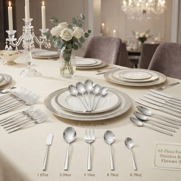 65-Piece Silverware Set with Serving Utensils, Forged Flatware Cutlery Set
