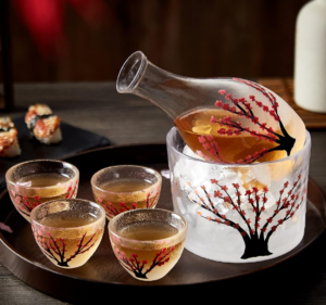 Japanese Sake Set for 4, Cherry Blossom Design