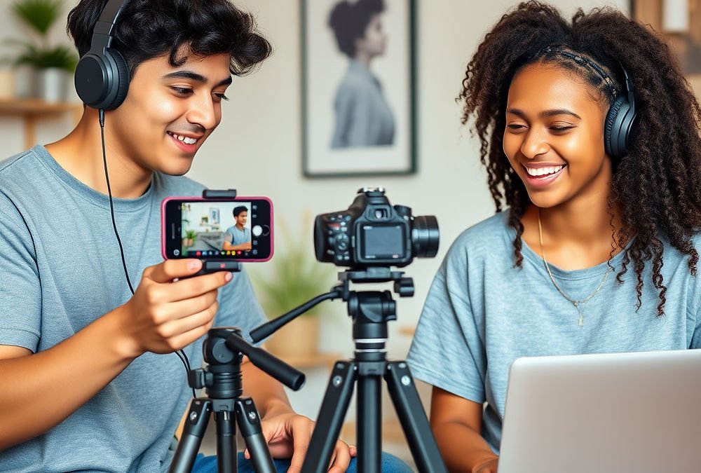 Young creators collaborating in a media workshop