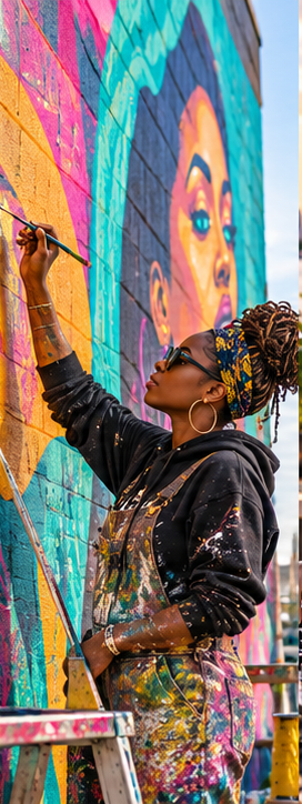 Artist creating a colorful mural